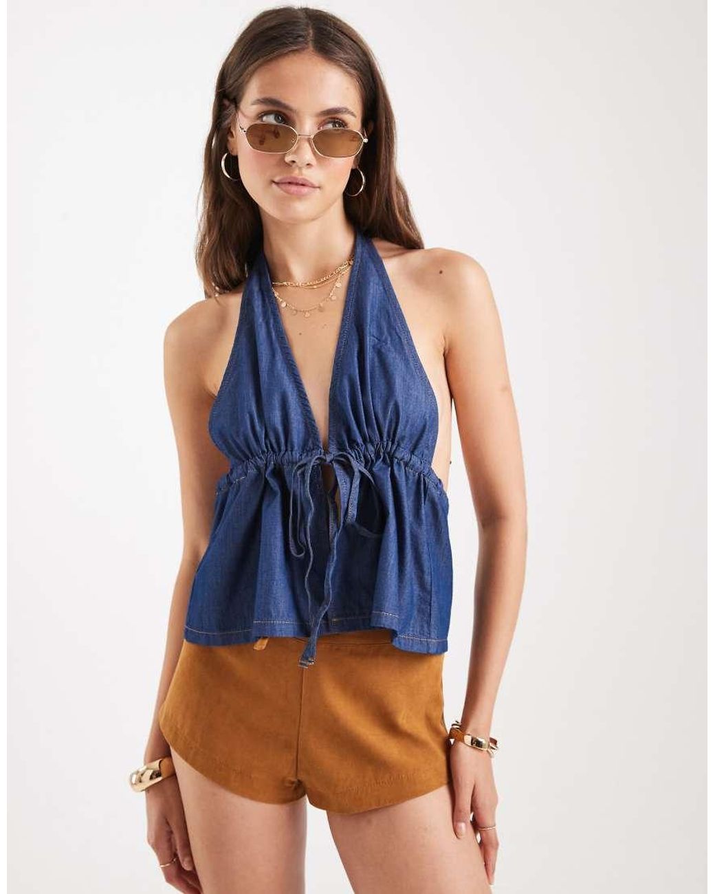 Miss Selfridge Blue Denim Chambray Halter Top