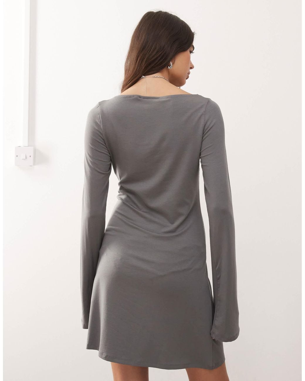 Weekday Boat Neck Long Sleeve Mini Dress in Gray | Lyst