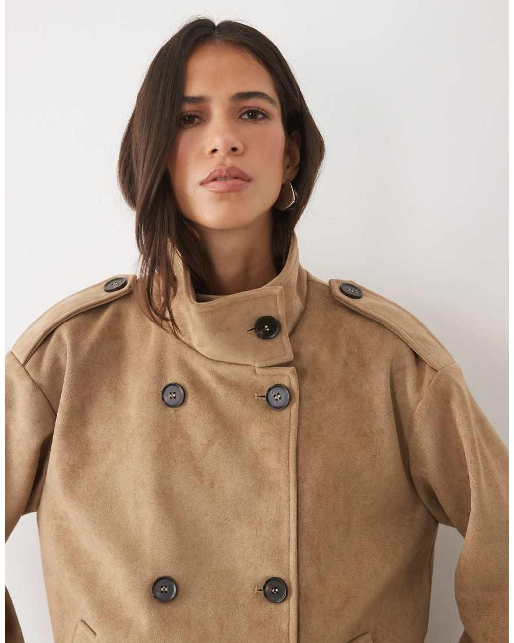 Pretty Lavish Natural Faux Suede High Neck Cropped Trench Coat