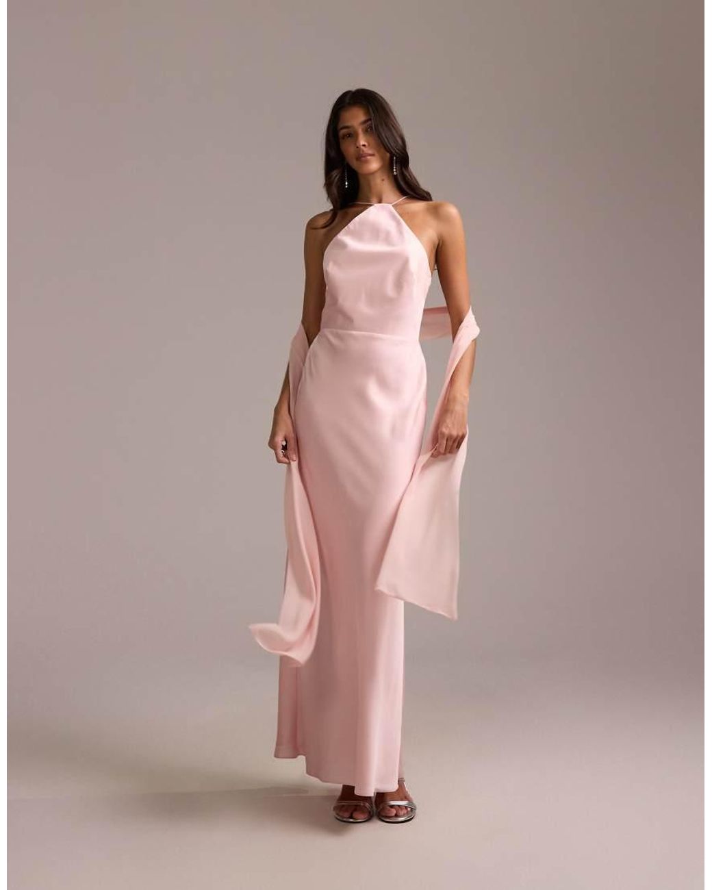 ASOS Pink Bridesmaids Halter Neck Satin Maxi Dress With Scarf Detail
