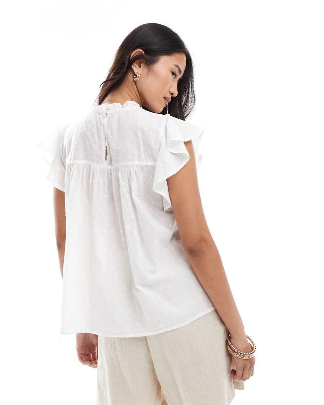 ONLY White Dobby Detail Frill Sleeve Top