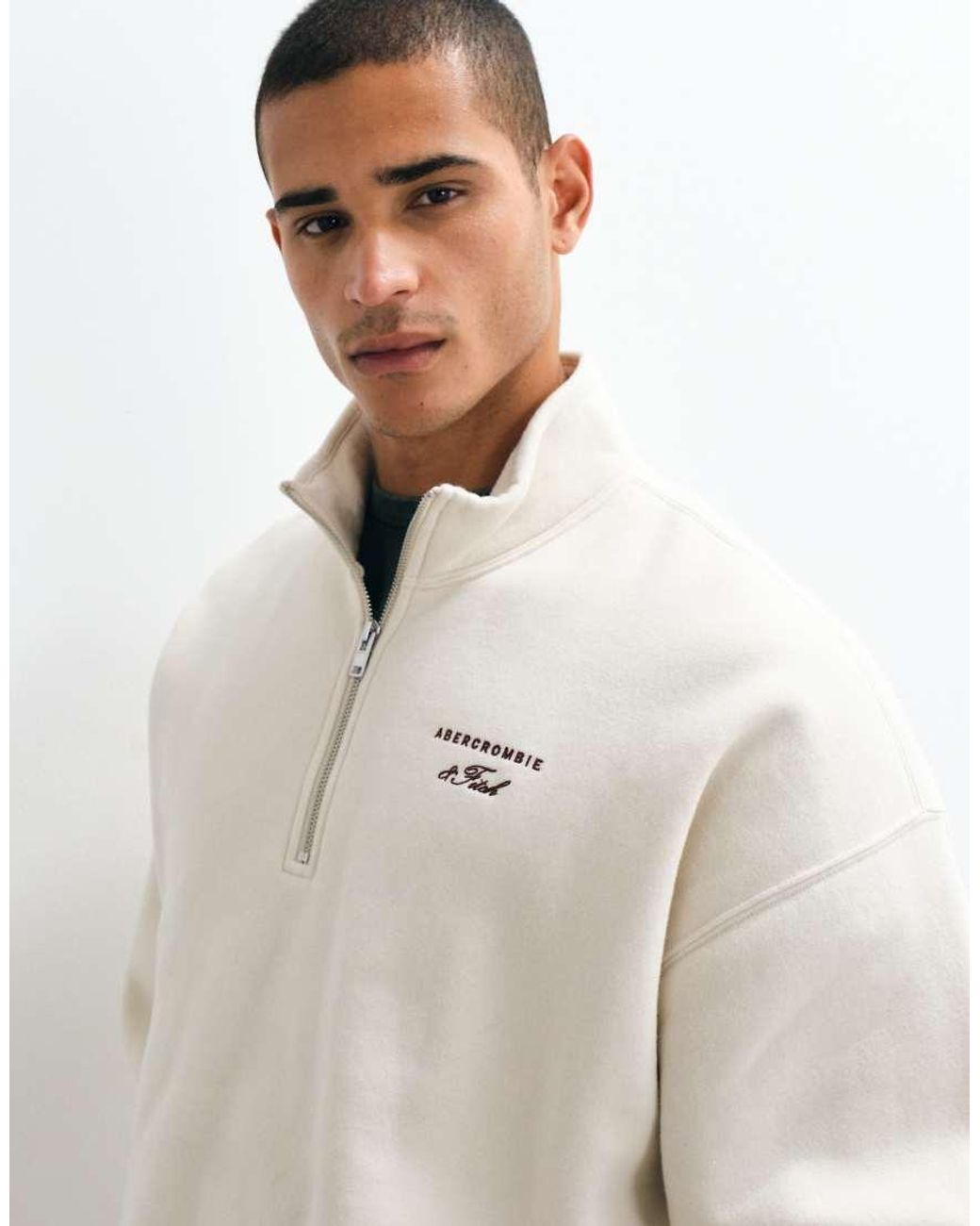 Abercrombie & Fitch White Script Logo Oversized 1/4 Zip Sweatshirt for men