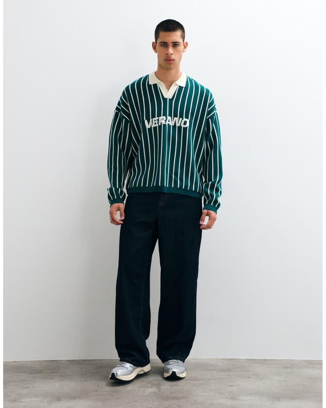 ASOS Green Oversized Knitted Notch Neck Polo for men