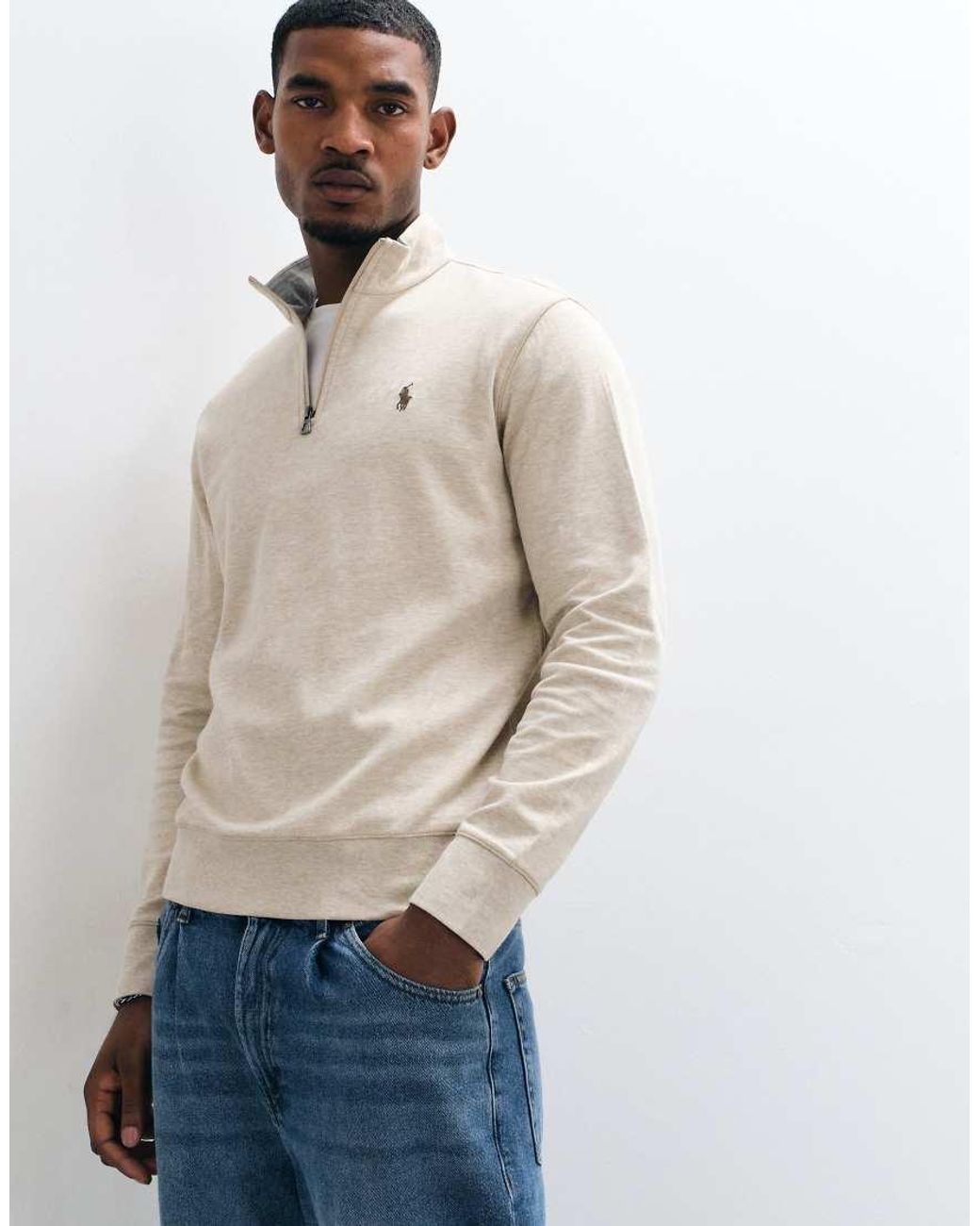 Polo Ralph Lauren Natural Icon Logo Double Knit Quarter Zip Sweatshirt for men
