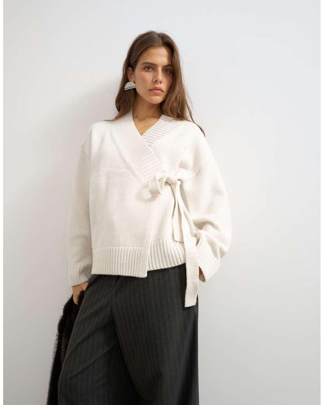 TOPSHOP White Knitted Wrap Tie Waist Cardigan With Wool