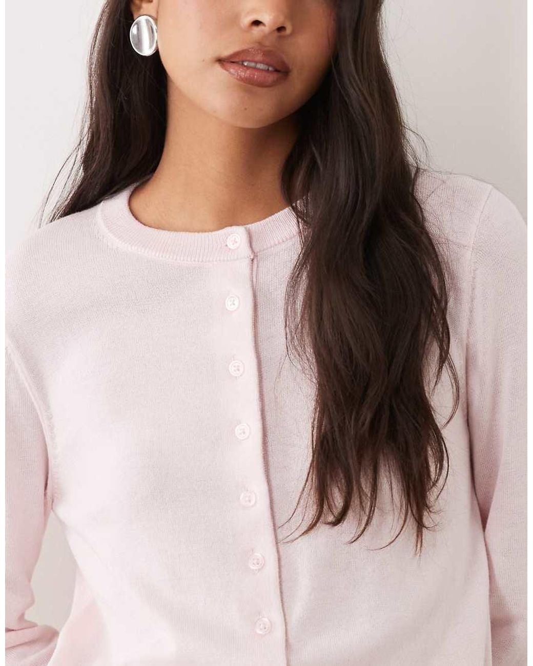 Mango Pink Round Neck Cardigan With Lace Trim