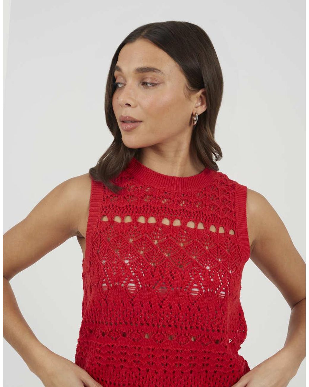 Brave Soul Red Crew Neck Pointelle Knit Tank