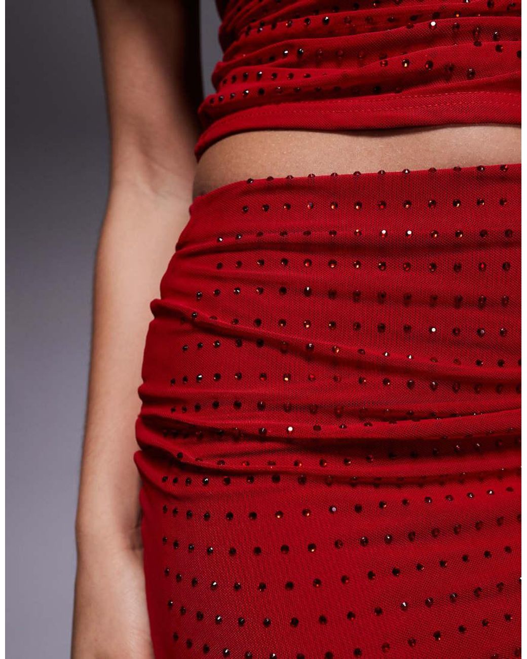 Kaiia Red Exclusive Double Laye Slinky Hotfix Mini Skirt Co-ord