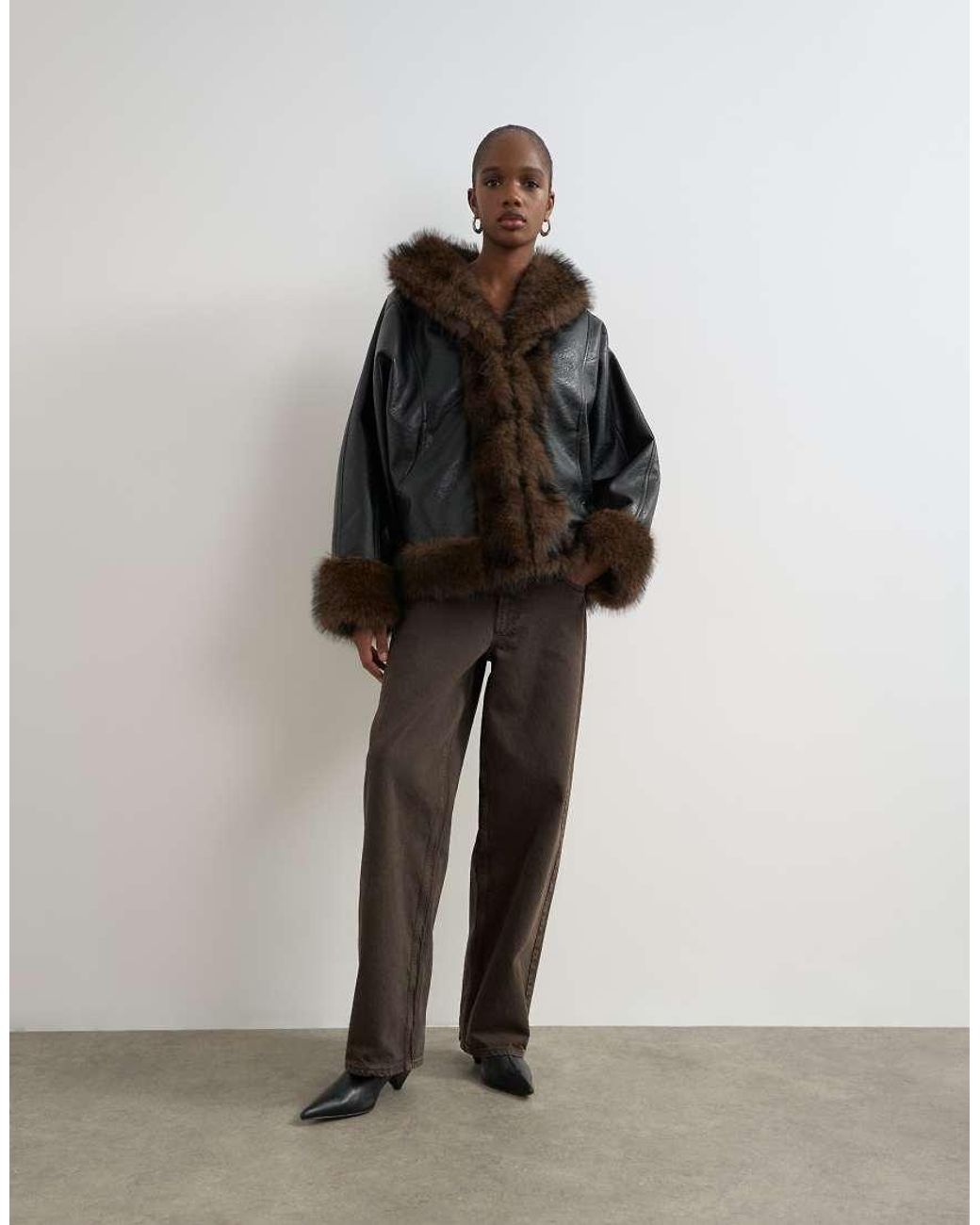 TOPSHOP Black Faux Leather Fur Trim Jacket