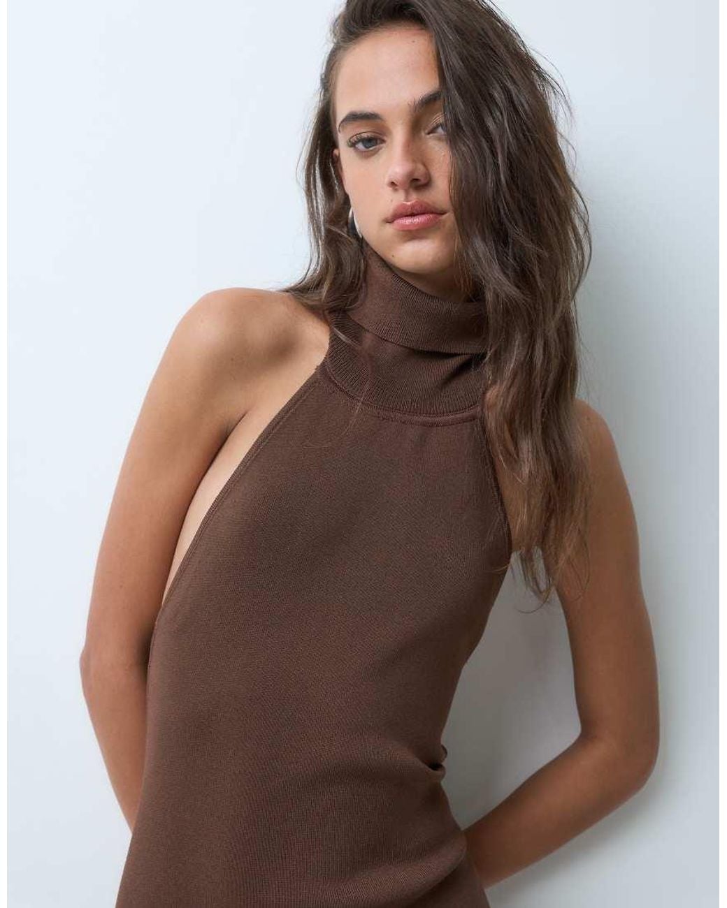 BRONZE SNAKE Brown Halterneck High Neck Maxi Knit Dress