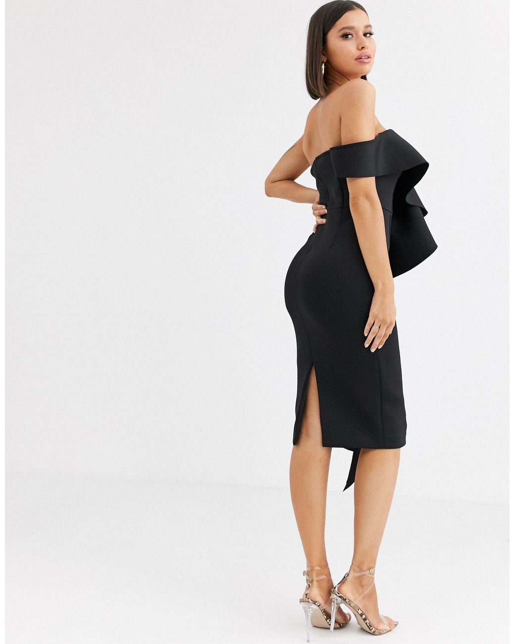 Lavish Alice One Shoulder Bardot Frill Scuba Midi Dress in Black | Lyst UK