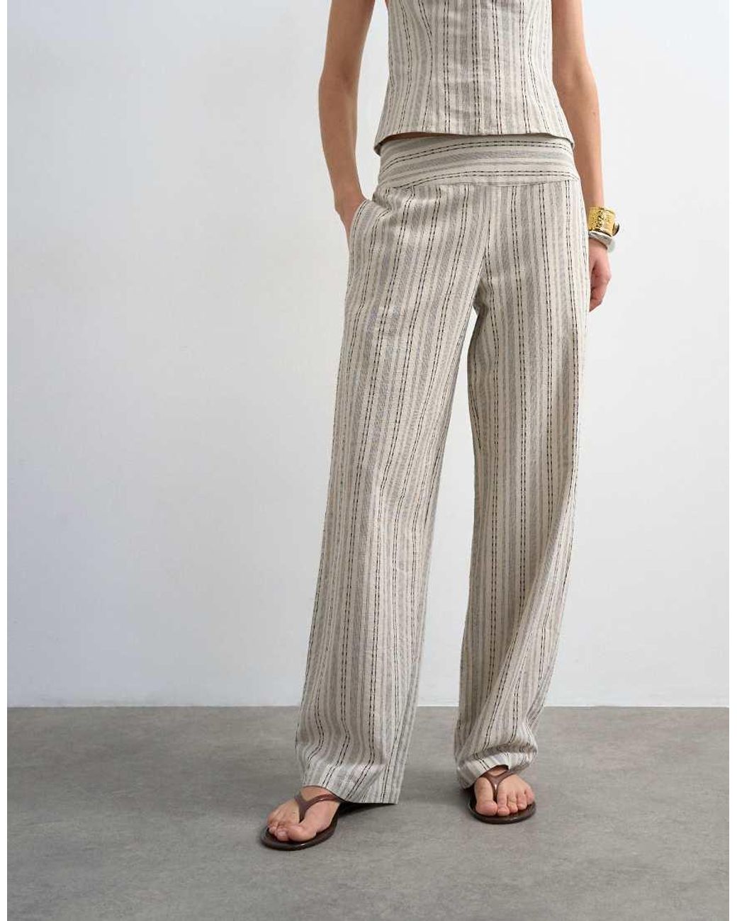 TOPSHOP Gray Co Ord Linen Look Stripe Low Rise Trouser