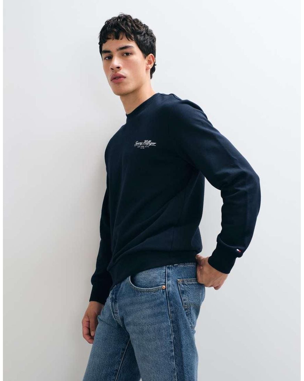 Tommy Hilfiger Blue Script Logo Crew Neck Sweatshirt for men