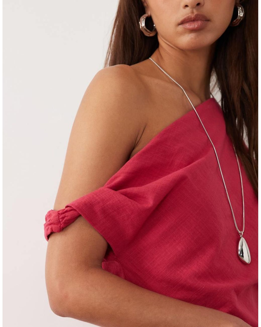 BRONZE SNAKE Red Tasi Off Shoulder Asymetric Cotton Top And Trouser Set
