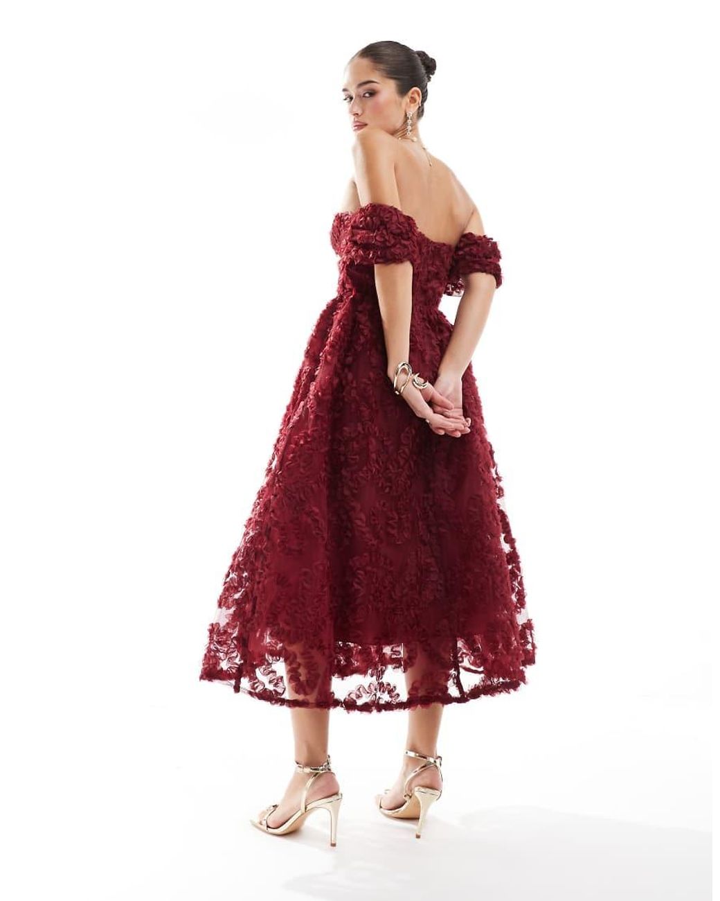 True Decadence Red Bardot Bust Cup Midi Dress