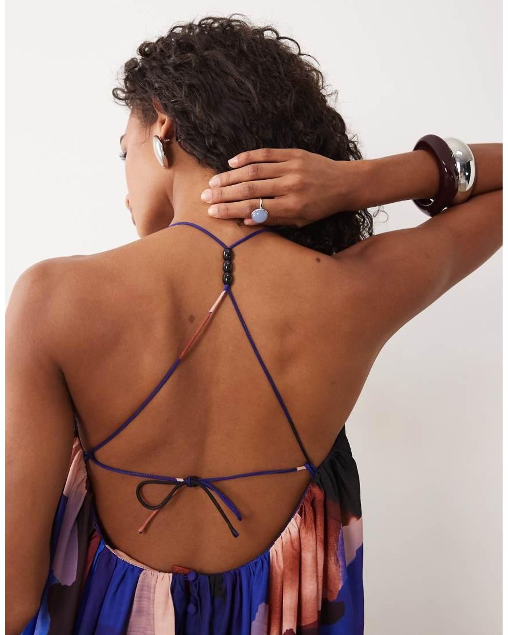 ASOS Blue Trapeze Scoop Neck Full Hem Maxi Dress With Bead Detail Back