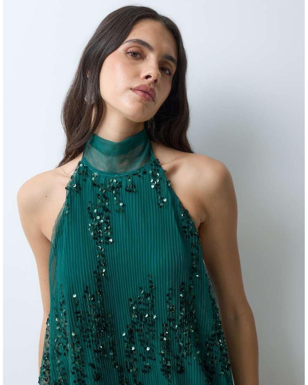 TFNC London Green Pleated Sequin Halter Neck Mini Dress