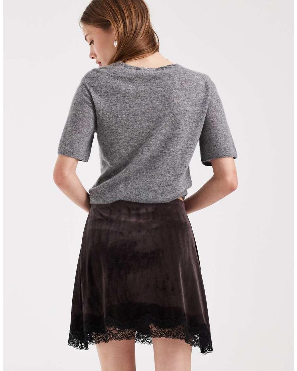 ASOS Gray Velvet Mini Skirt With Lace Hem