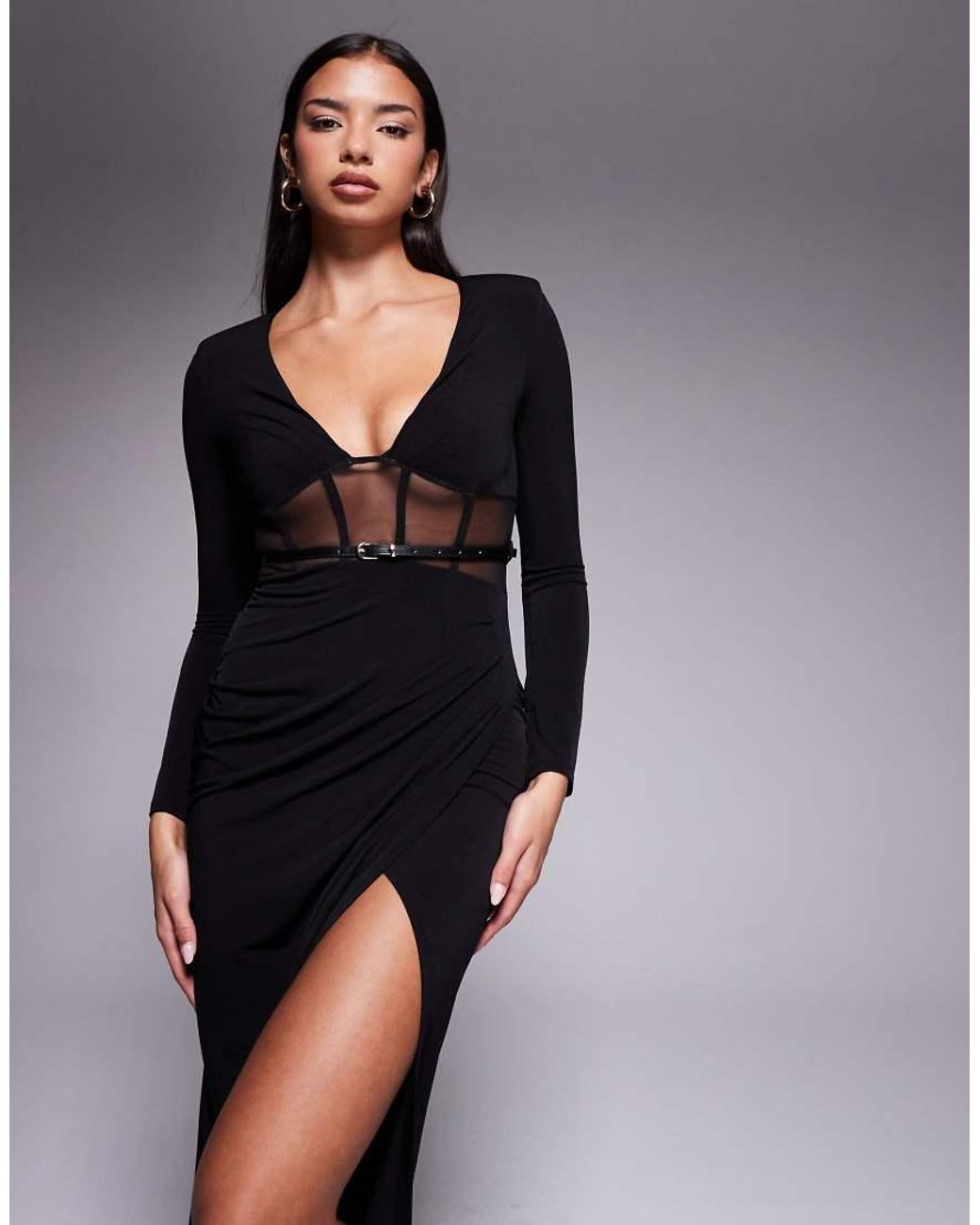 ASOS Blue Long Sleeve Belted Maxi Dress With Mesh Paneling