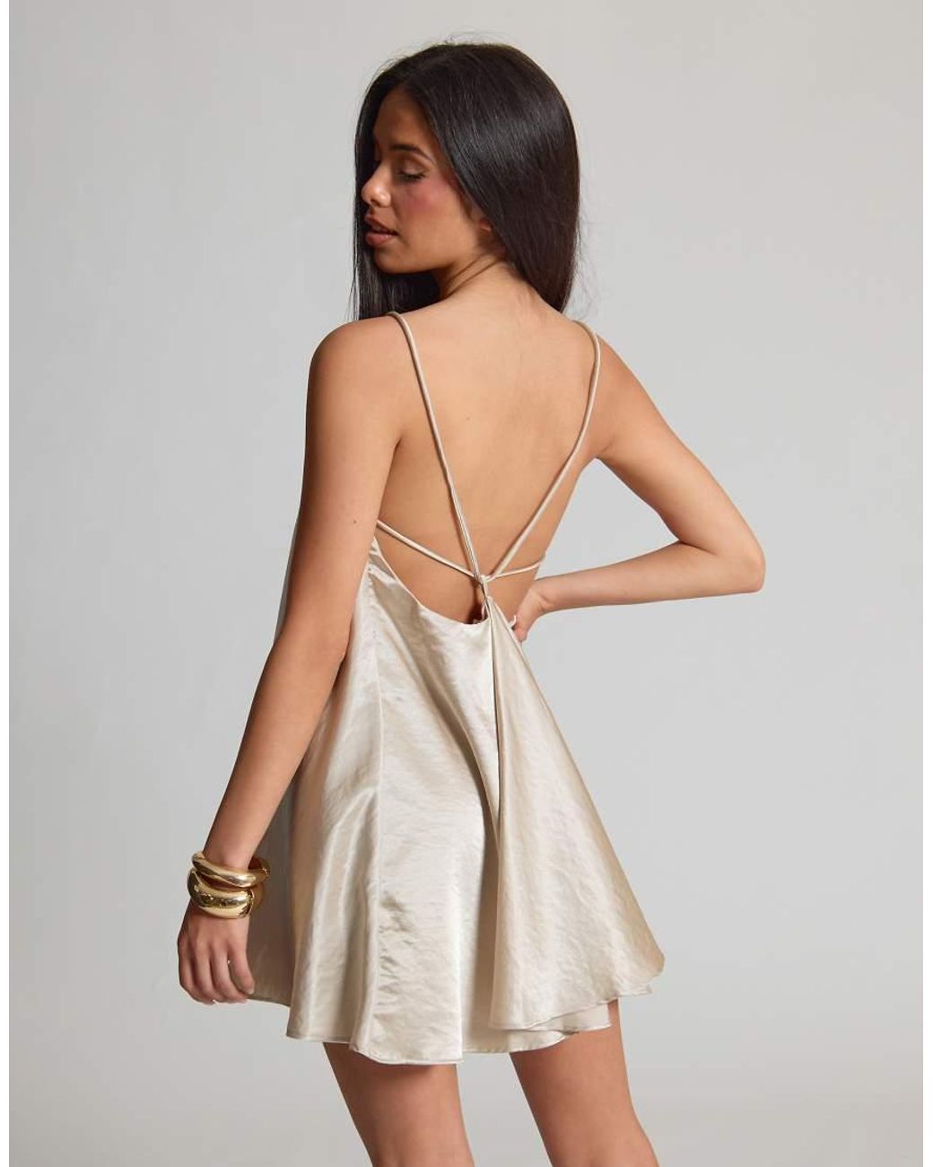 Missy Empire Natural Satin Strappy Floaty Mini Dress