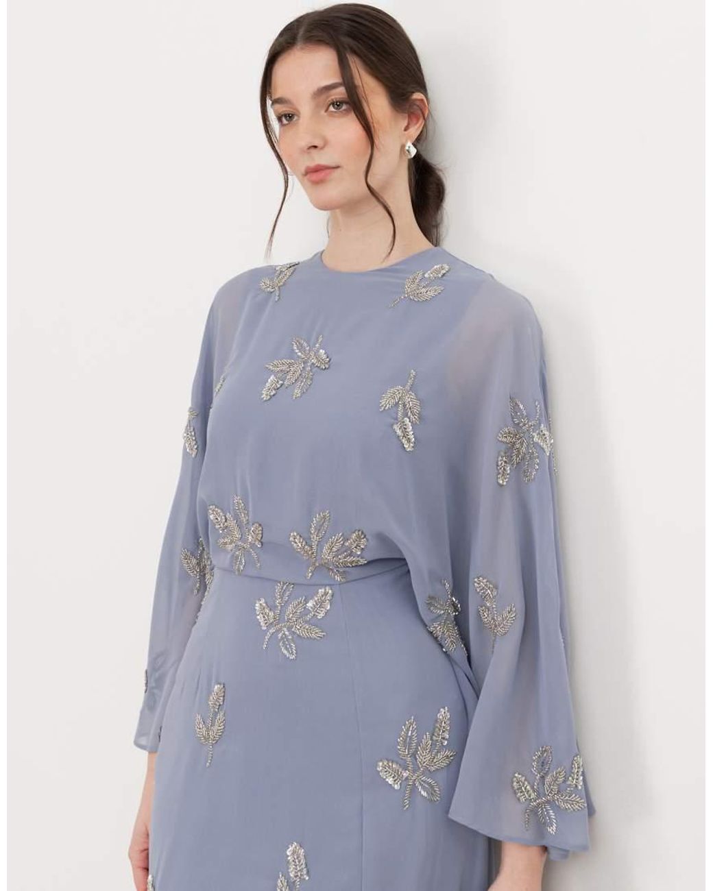 Maya Blue Floral Embellished Cape Sleeve Maxi Dress