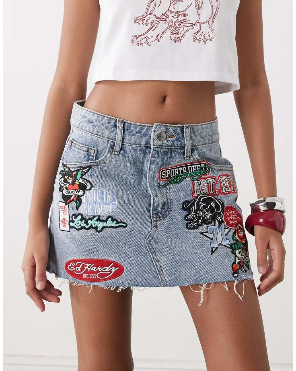 Ed Hardy White Multi Badge Tattoo Denim Mini Skirt