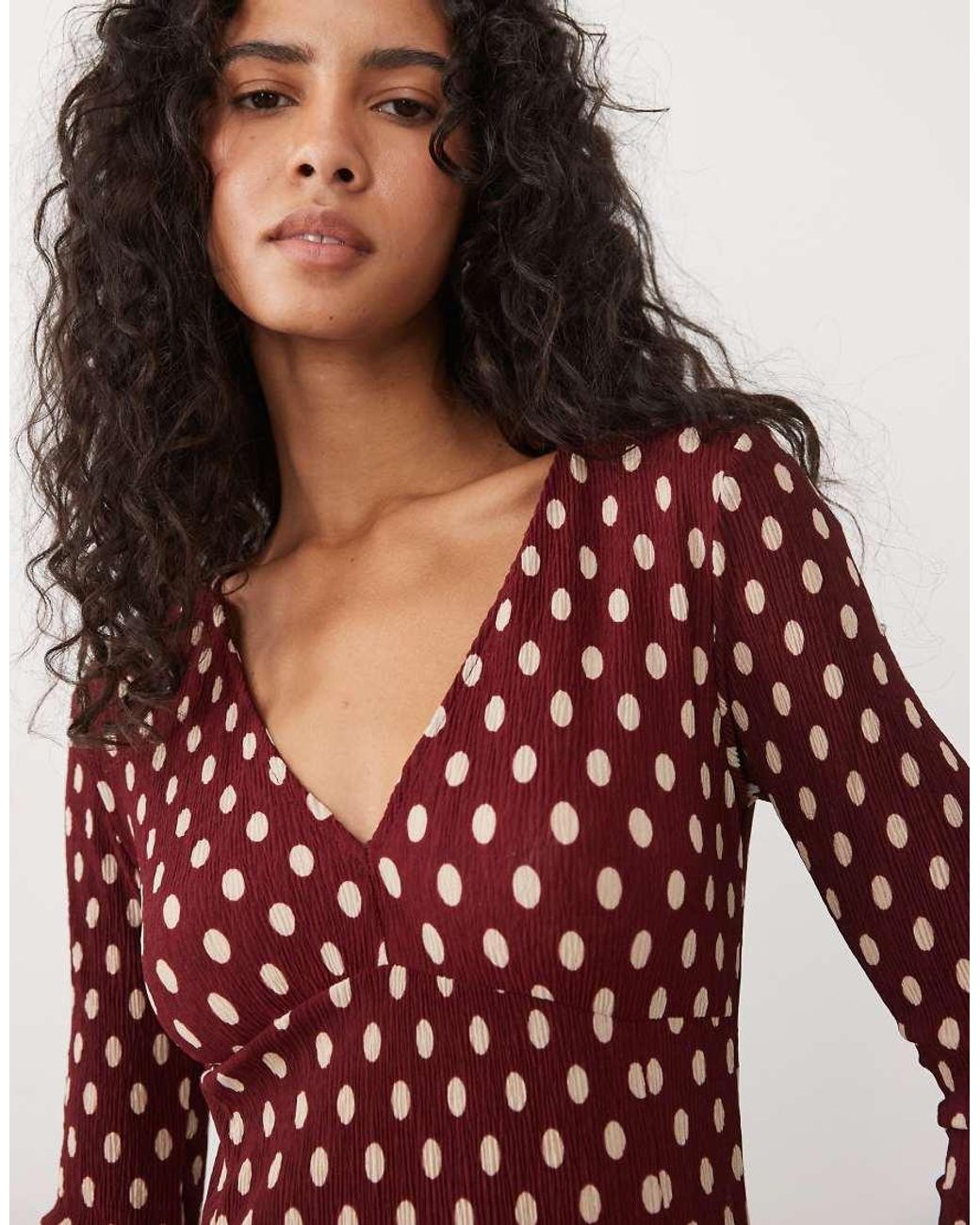 Mango Red Plisse V Neck Long Sleeve Midi Dress