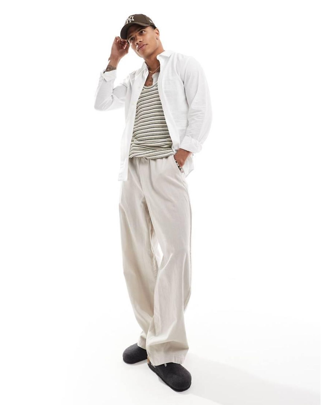 Only & Sons White Linen Mix Long Sleeve Slim Fit Shirt for men