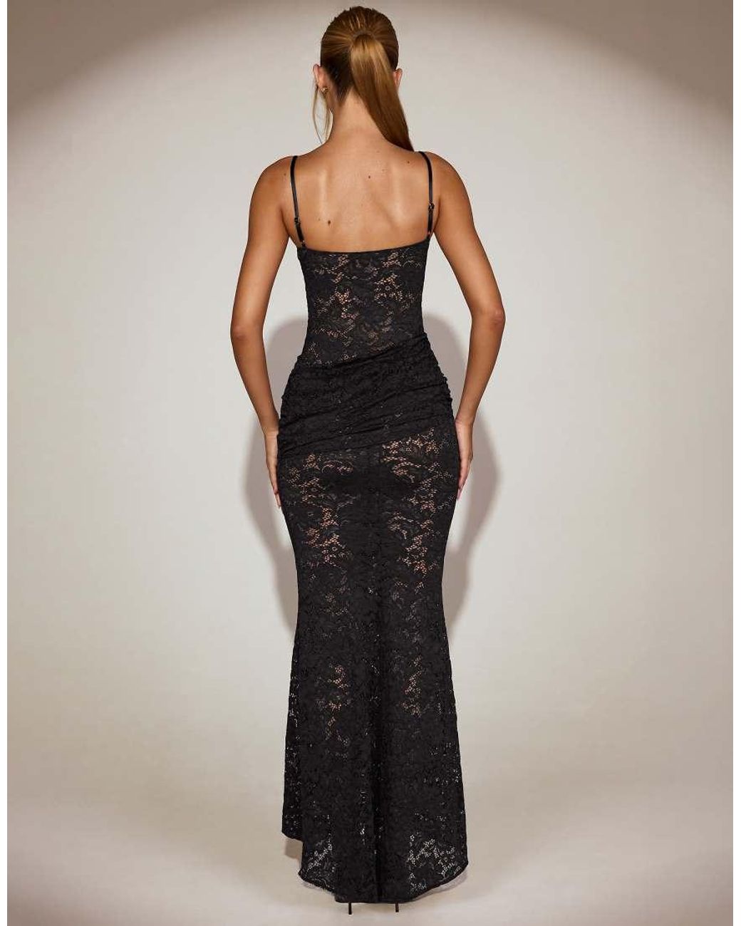 Oh Polly Black Lace Square Neck Ruched Maxi Dress