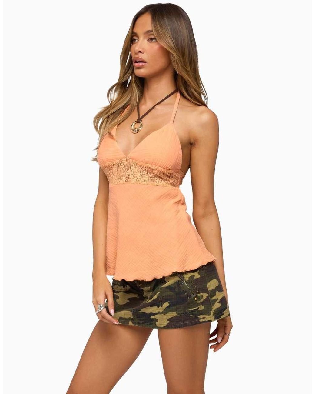 Edikted Orange Lacey Cotton Gauze Halter Top