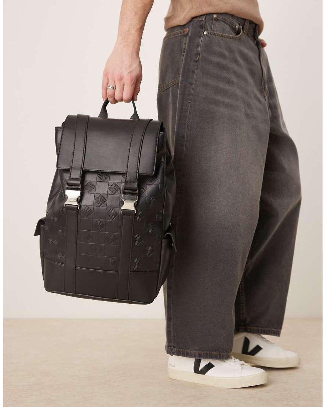 asos mini monogram backpack ASOS Faux Leather Monogram Backpack in Grey for Men
