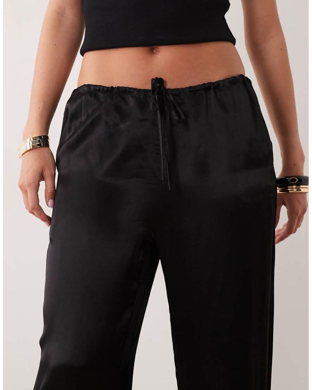 SNDY'S Black Satin Drawstring Wide Leg Trouser
