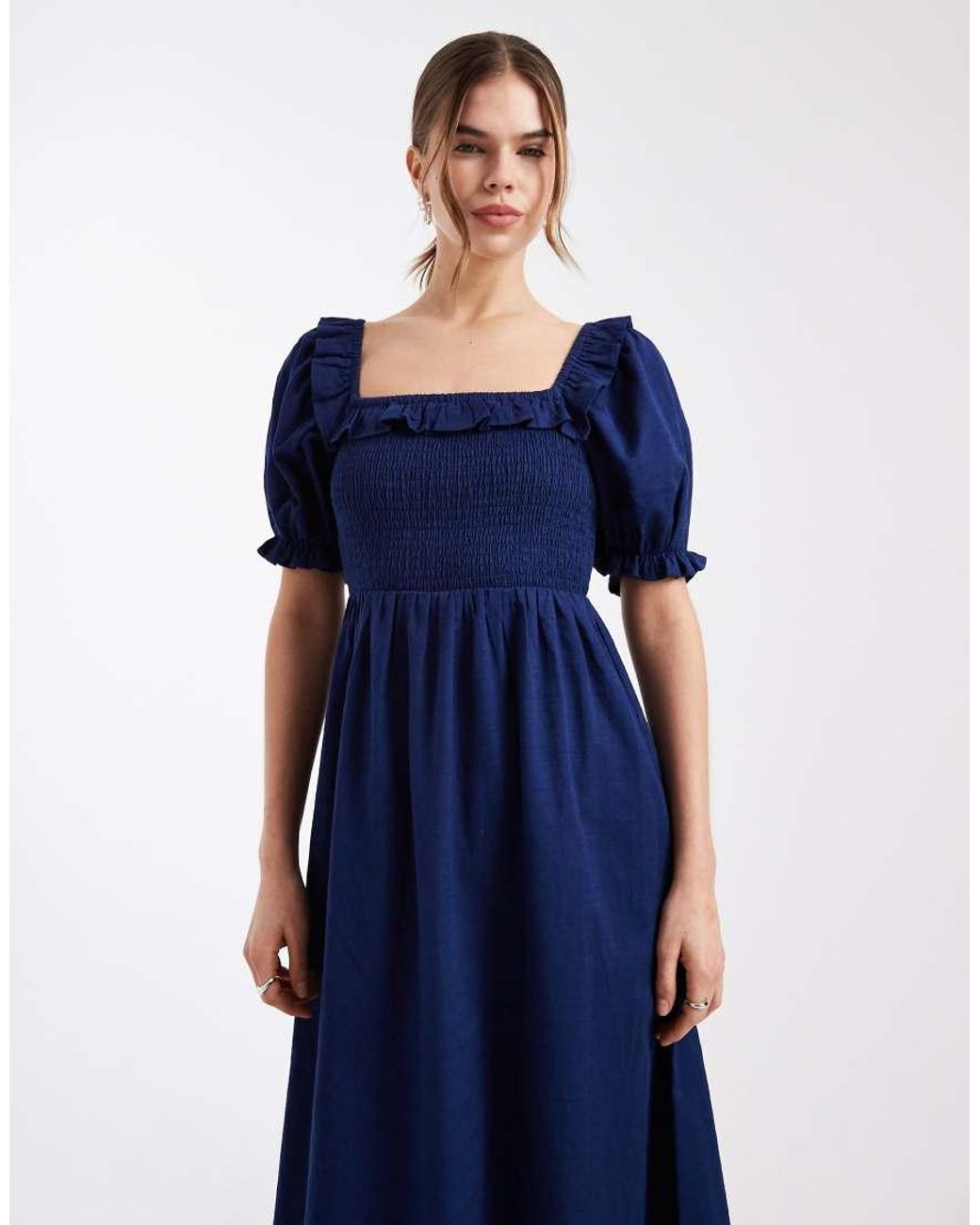 New Look Blue Shirred Frill Trim Midi Dress
