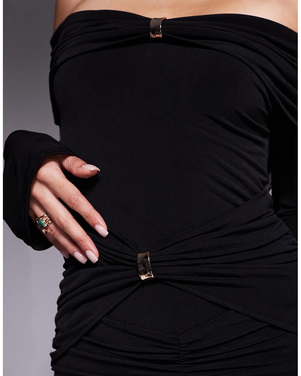 Ruched & Ready Black Sculpted Off Shoulder Hardware Detail Ruched Bodycon Maxi Dress