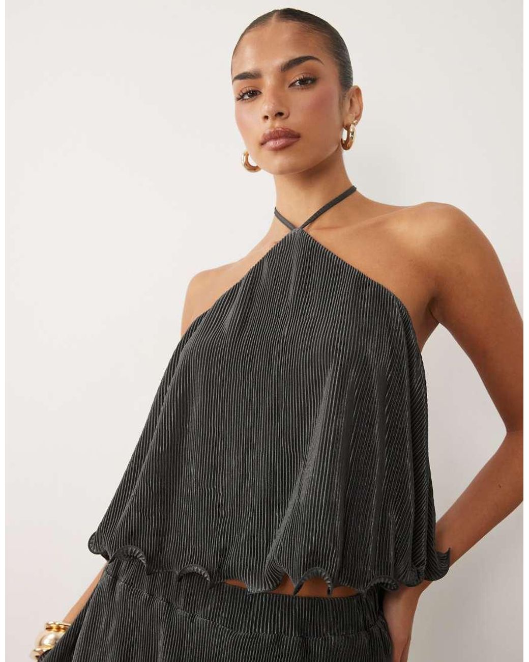 ASOS Gray Plisse Halter Neck Top