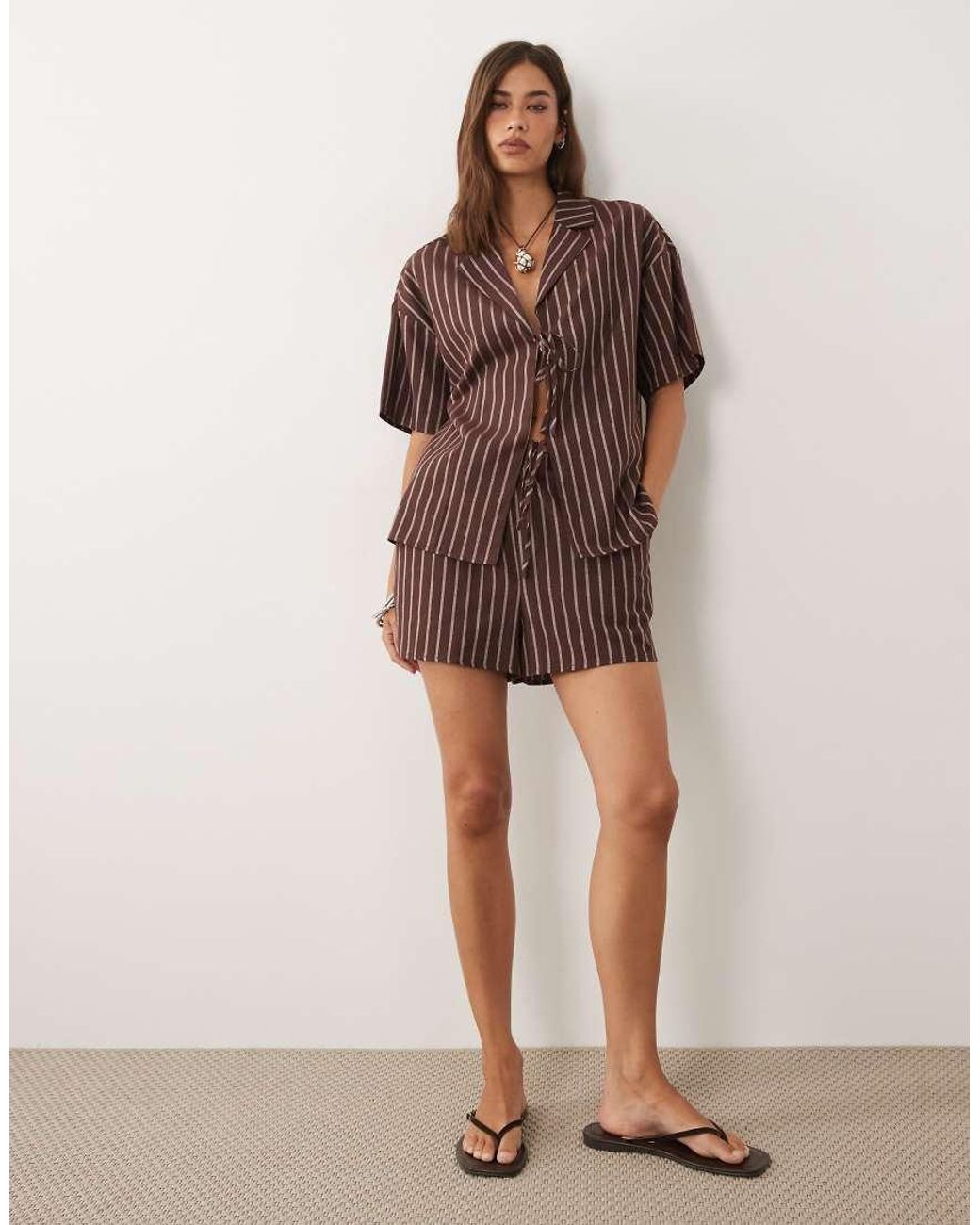 4th & Reckless Brown Cotton Blend Elasticated Waist Beach Shorts Co-Ord