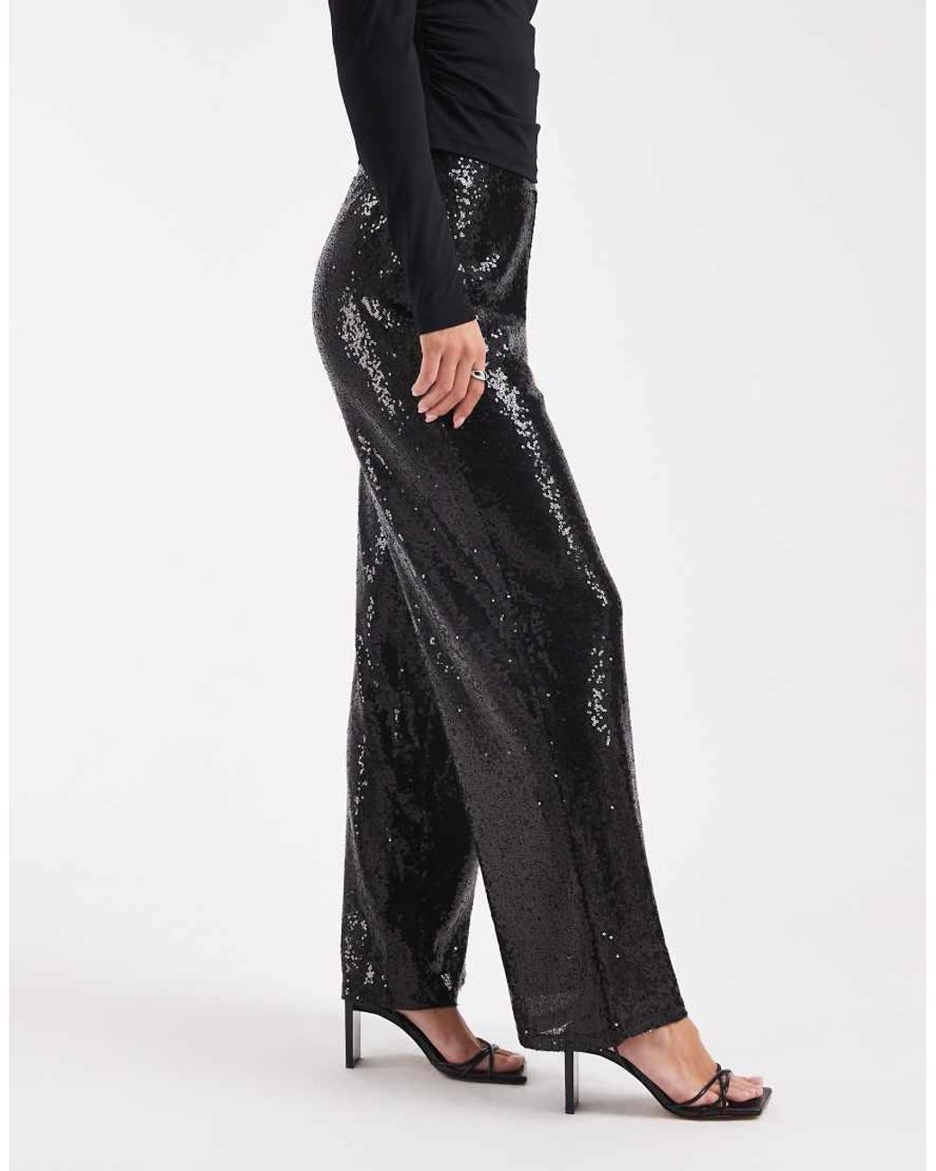 Only Petite Black High Waist Pull On Sequins Trousers