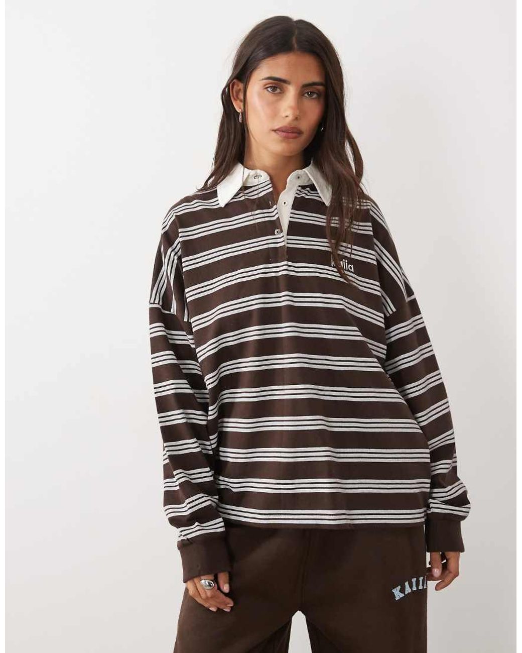 Kaiia Multicolor Cotton Oversized Collared Long Sleeve Rugby Top