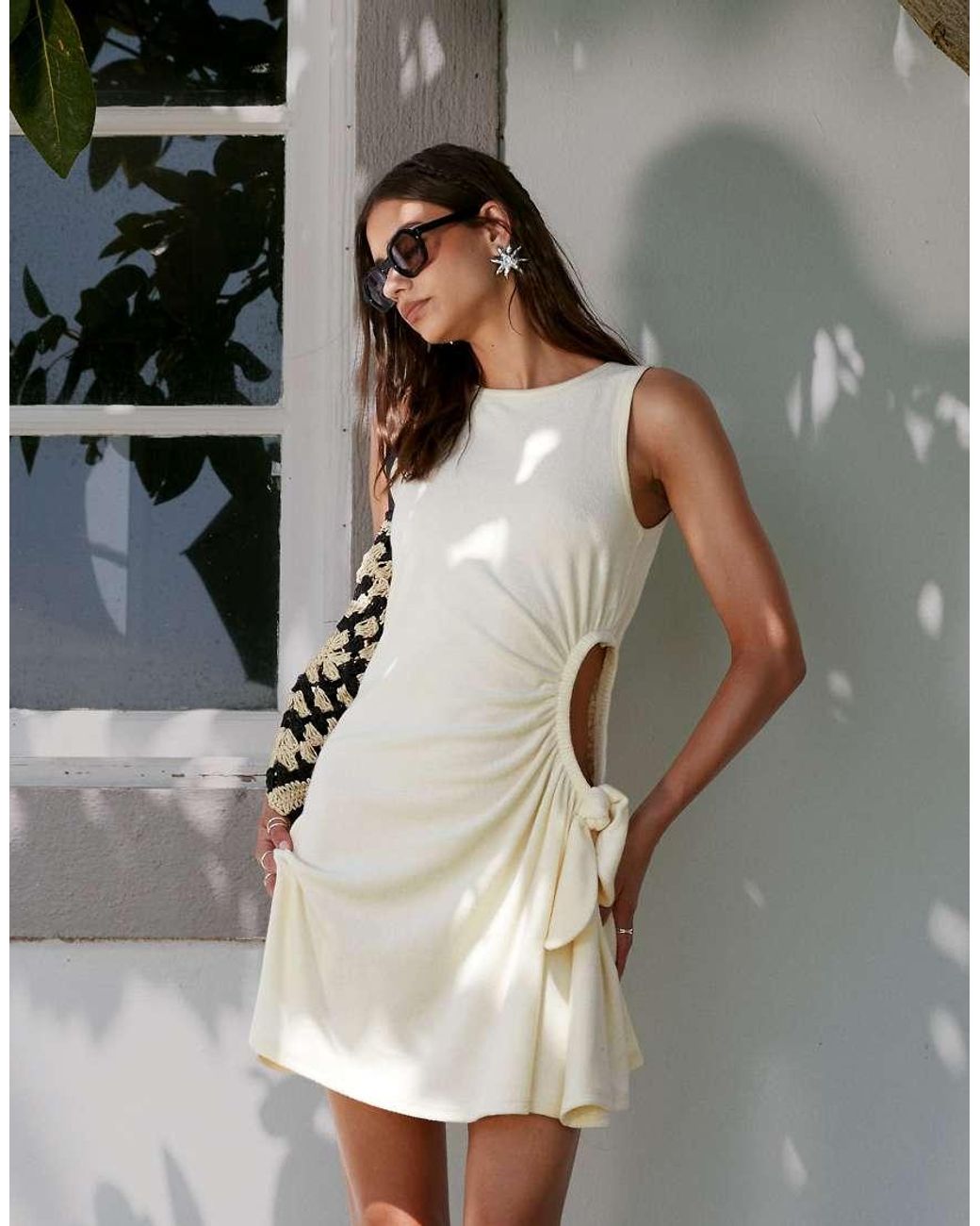 ASOS Natural Towling Cut Out Knot Waist Mini Dress