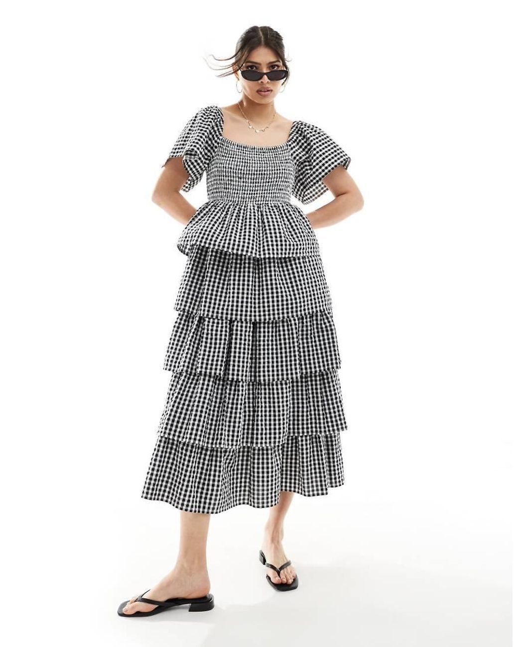 Nobody s Child Rosalia Tiered Gingham Midaxi Dress in Grey Lyst UK