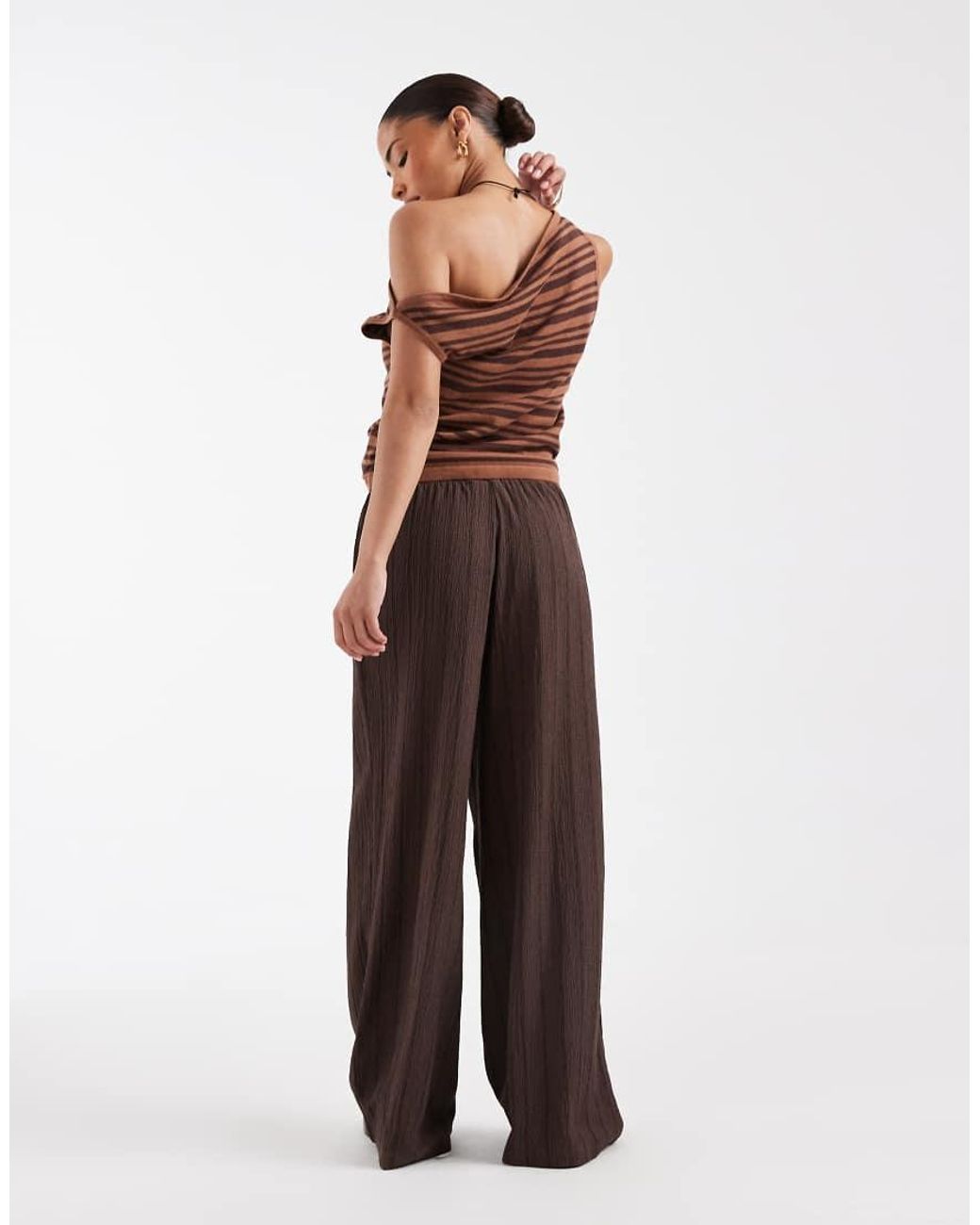 Only Petite Brown Textured Wide Leg Trousers