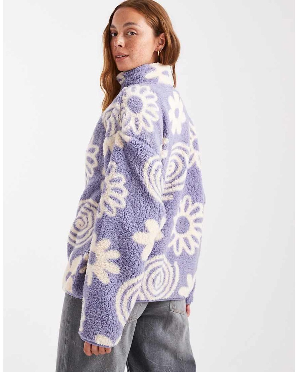 Brave Soul Purple Flower Print 3/4 Zip Fleece