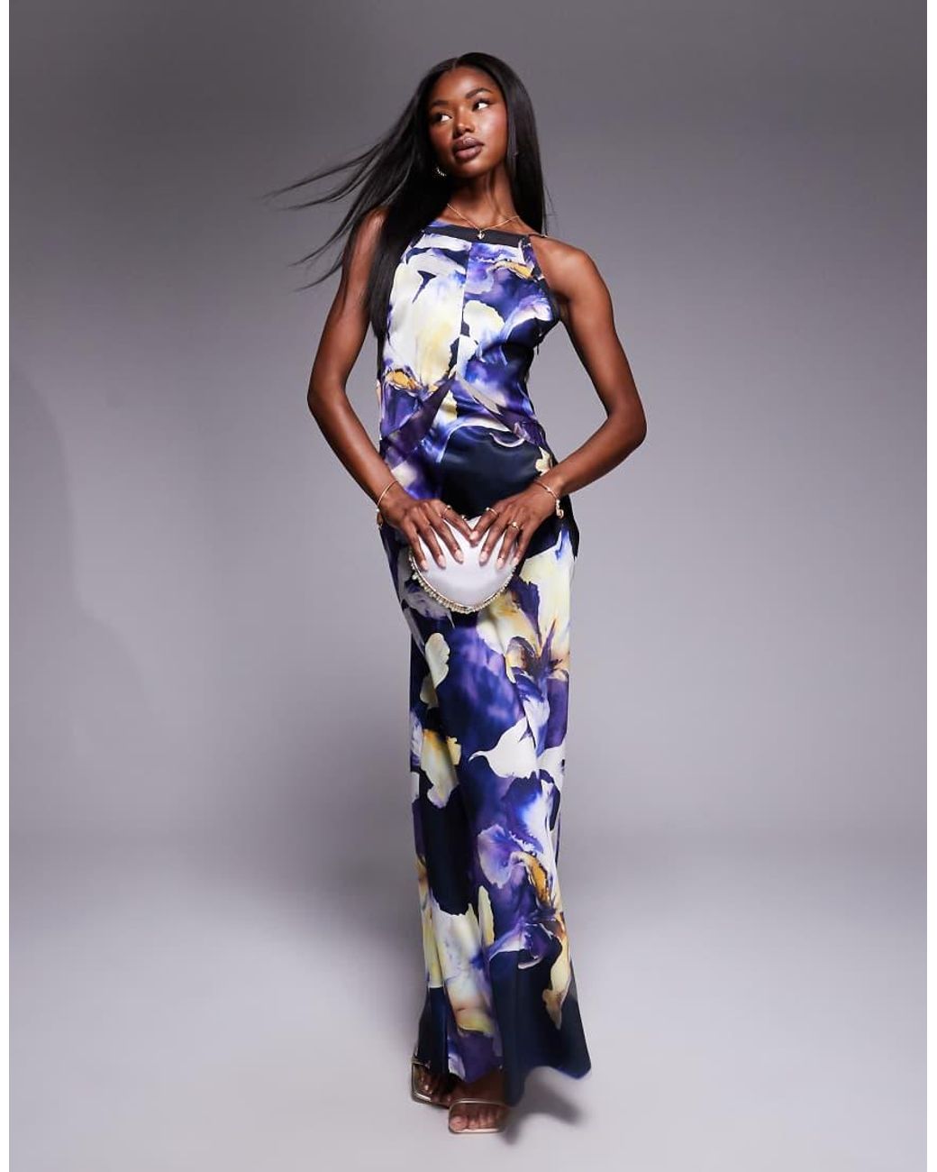 ASOS Blue Satin Chiffon Mix Square High Neck Maxi Dress