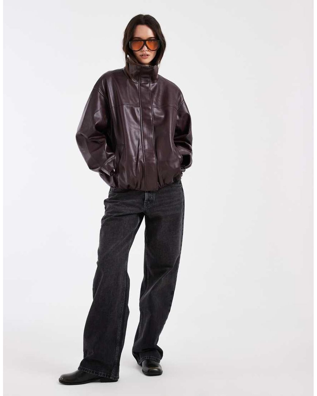 ASOS Purple Clean Leather Look Funnel Bomber Jacket