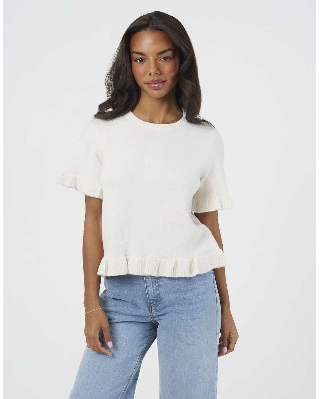 Brave Soul White Short Sleeve Knitted T-Shirt With Frill Detail