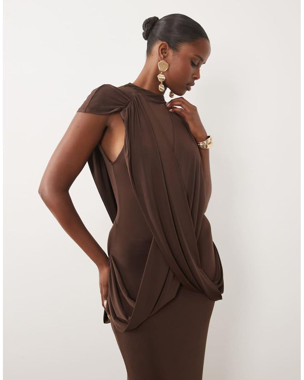 ASOS Brown High Neck Floor Length Maxi Dress With Draped Bodice