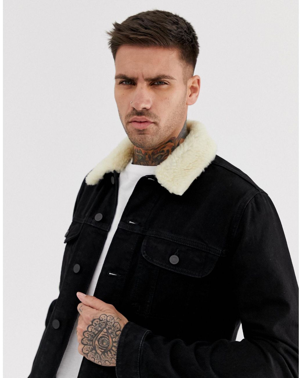 ASOS Denim Jacket With Detachable Borg Collar in Black for Men Lyst