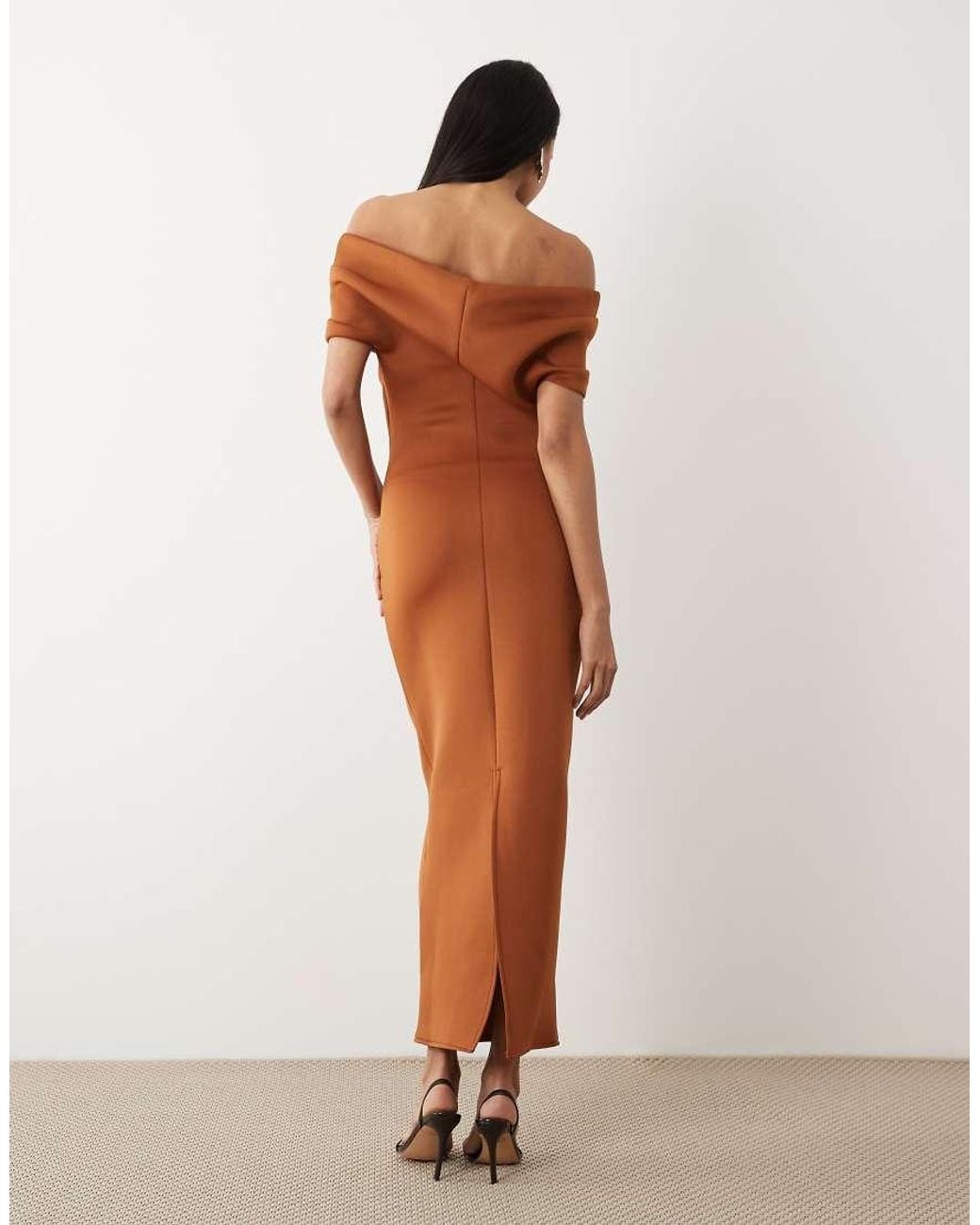 ASOS Natural Bardot Midi Dress With Split