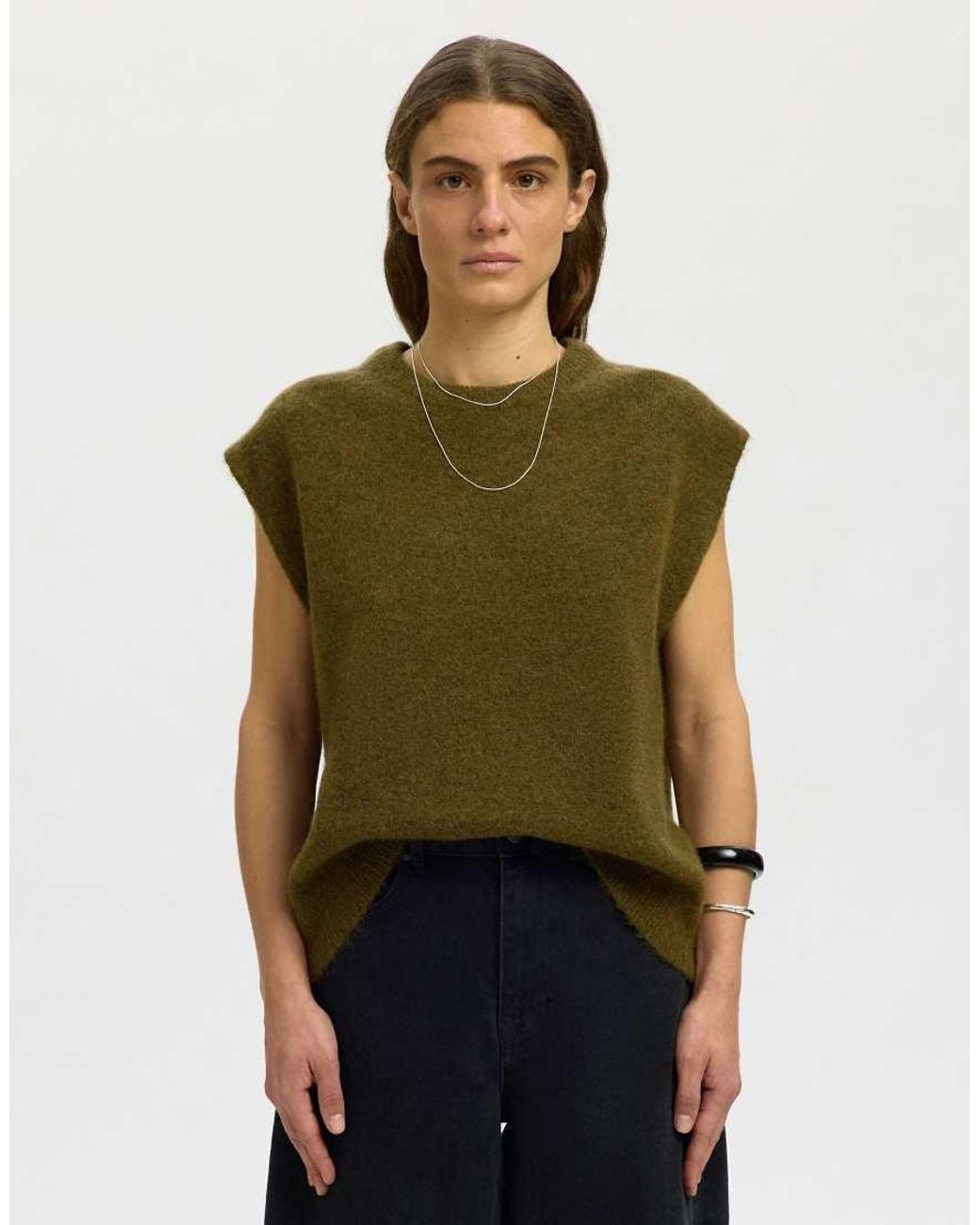 SELECTED Green Lulu Denim Relaxed Fit Crew Neck Knitted Vest
