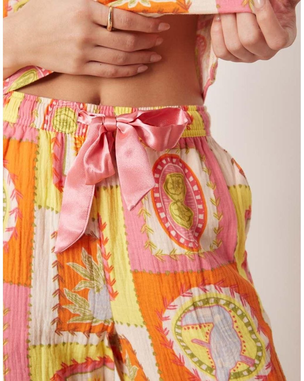 Chelsea Peers Multicolor Tropical Grid Print Cheesecloth Cami Top And Long Pants Sleepwear Set